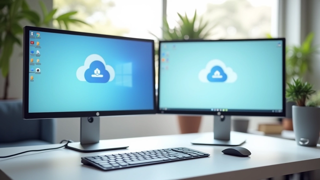 Ecrã mostrando OneDrive com ficheiros sincronizados, workspace profissional com monitor duplo