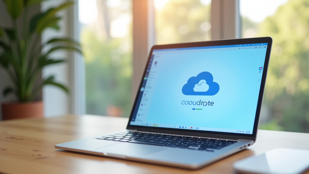 Ambiente de trabalho moderno com computador portátil mostrando ficheiros sincronizados em nuvem