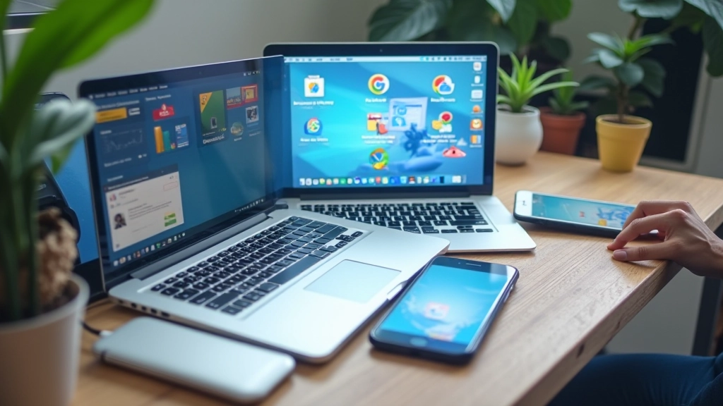 Múltiplos dispositivos com Dropbox sincronizado — computador, telemóvel, tablet com mesmo ficheiro